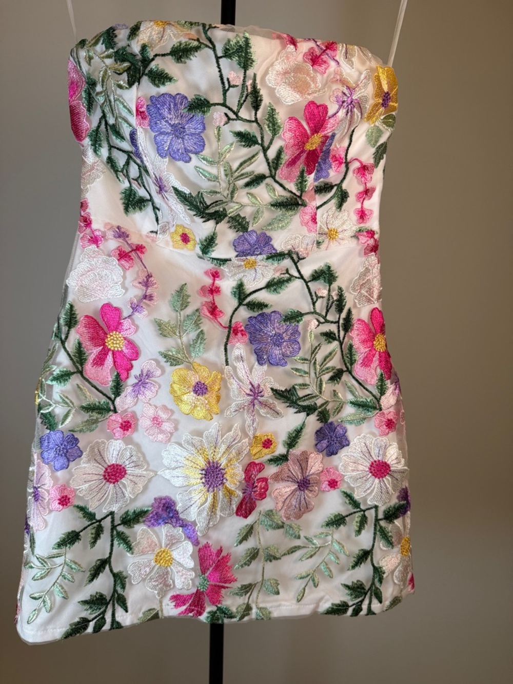 Strapless White Mini Dress with Multicolor Floral Embroidery